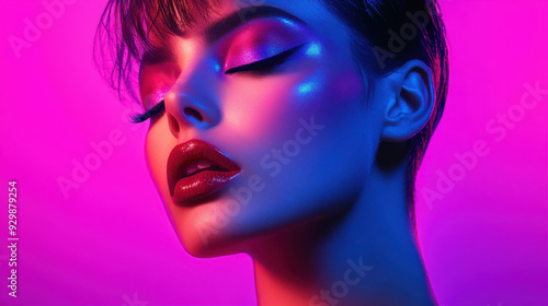 Elegant woman with pixie cut and dramatic makeup in neon light, close-up portrait, fashion