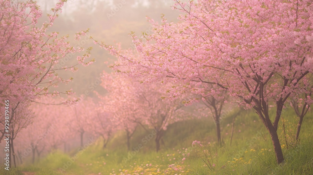 Pink Blossoms in a Misty Grove Pink Blossoms in a Misty Grove