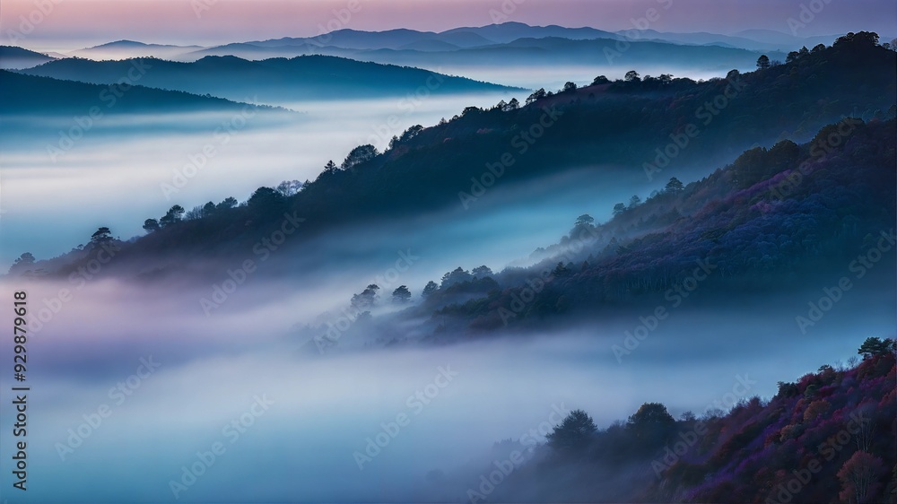 Fototapeta premium Mystical Mountain Dawn: Layers of mist dance through a valley of rolling hills, bathed in the soft hues of sunrise.