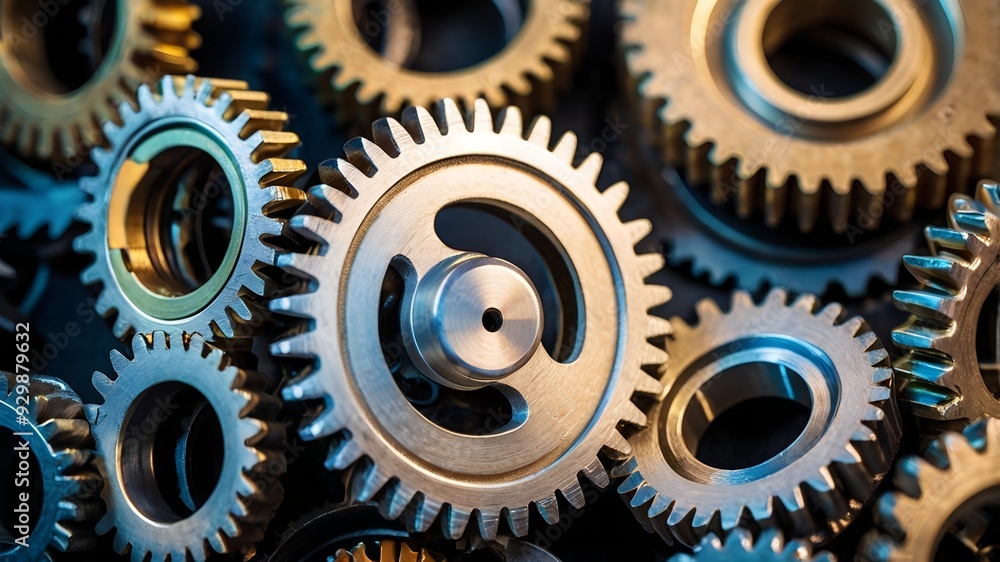Interlocking Gears: A mesmerizing close-up of intricately designed metal gears, symbolizing the complex interplay of mechanics, engineering, and industrial processes.  