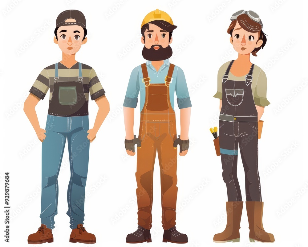 Fototapeta premium Three people wearing plumber electrician and carpe 248 people, worker, construction, builder, woman, person, men, jacket, suit, vector, clothing, business, work, clothes, fashion, helmet, illustratio
