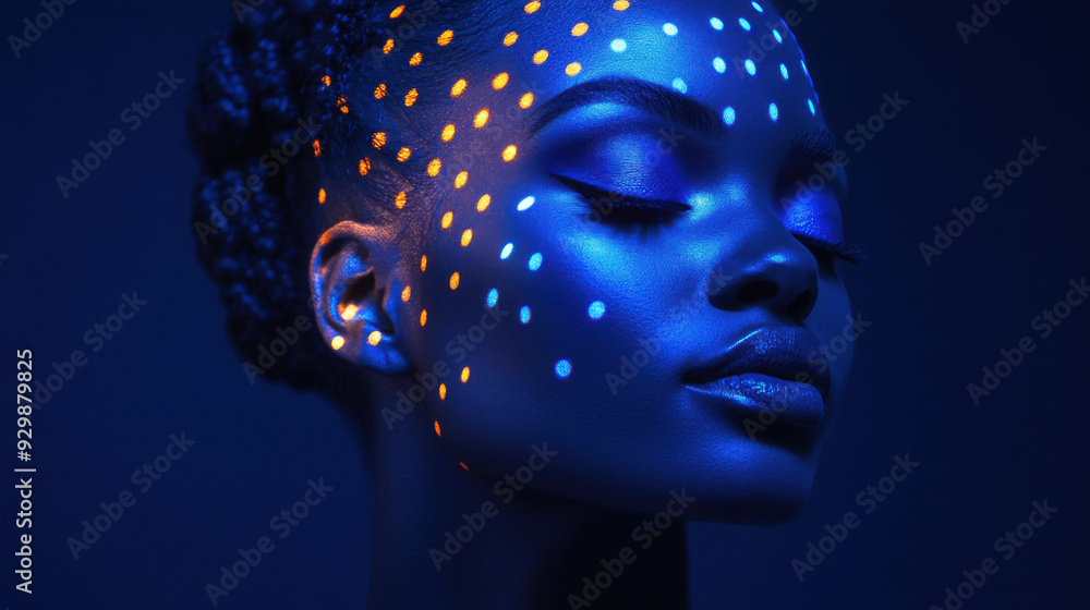 Blue and orange dot-painted woman in an elegant pose, blacklight illumination, dark background, creating a surreal and artistic atmosphere Blue and orange dot-painted woman in an elegant pose, blacklight illumination, dark background, creating a surreal and artistic atmosphere