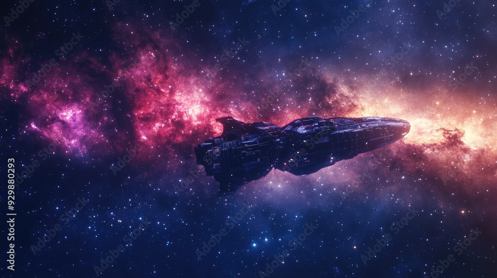Side view of a spaceship cruising through a starry galaxy, with ample copy space on the right. Side view of a spaceship cruising through a starry galaxy, with ample copy space on the right.