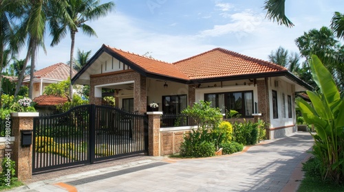 A tropical house with a black gate and a stone driveway in front, surrounded by lush green foliage and palm trees.