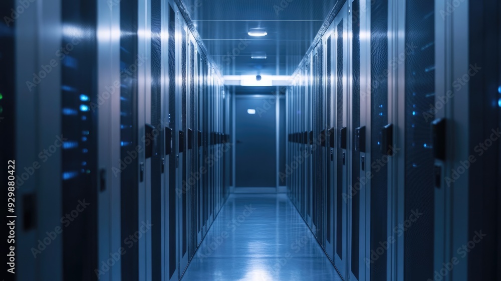 Server Room Corridor with Blue Lights and Metal Doors Server Room Corridor with Blue Lights and Metal Doors