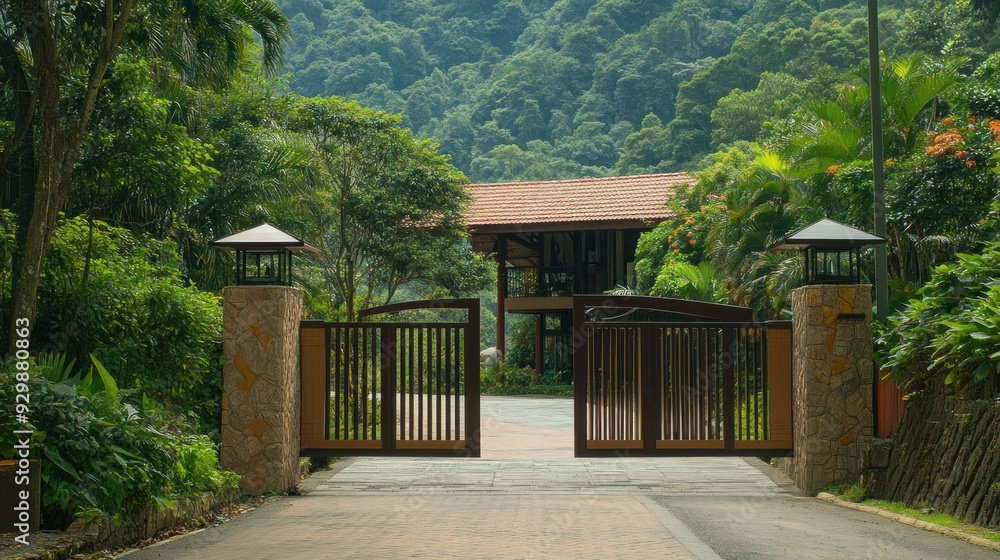 Wooden gate leading to a tropical home with lush greenery and a mountain backdrop. Wooden gate leading to a tropical home with lush greenery and a mountain backdrop.