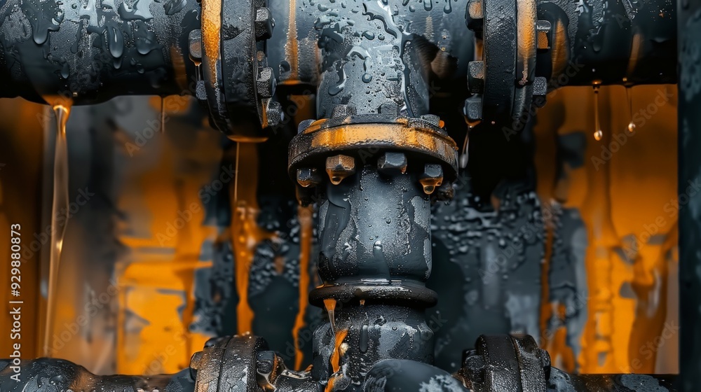 Picture of a water pipe system in an industrial plant with a leaking problem. Picture of a water pipe system in an industrial plant with a leaking problem.