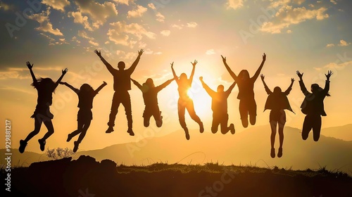 Silhouette of Group of Friends Jumping in the Air at Sunset