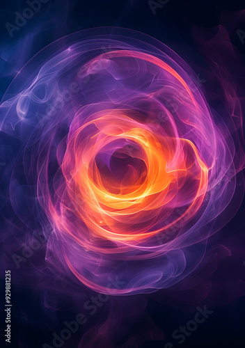 A circle on black background is made of colorful light, in the style of purple and orange, swirling vortexes.