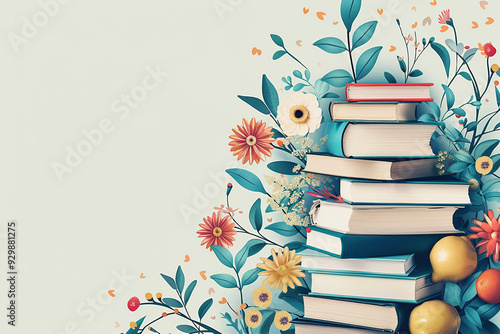 Drawing of a stack of books with flowers and space for text. Banner. Back to school