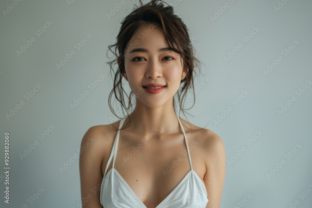 The Asian model refined elegance in bikini bra is accentuated by minimalist backgrounds and soft lighting, showcasing the simplicity and timeless sophistication of her style. The Asian model refined elegance in bikini bra is accentuated by minimalist backgrounds and soft lighting, showcasing the simplicity and timeless sophistication of her style.