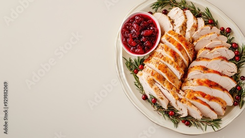 A festive platter of sliced turkey served with cranberry sauce and rosemary garnish, perfect for a holiday meal.