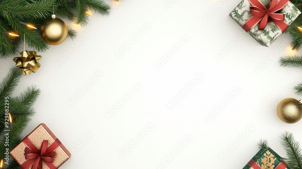 Christmas holiday card design on a white background with gift box and branch of Christmas tree. Christmas Card, Merry Christmas with Beautiful gift box. christmas greeting background with copy space