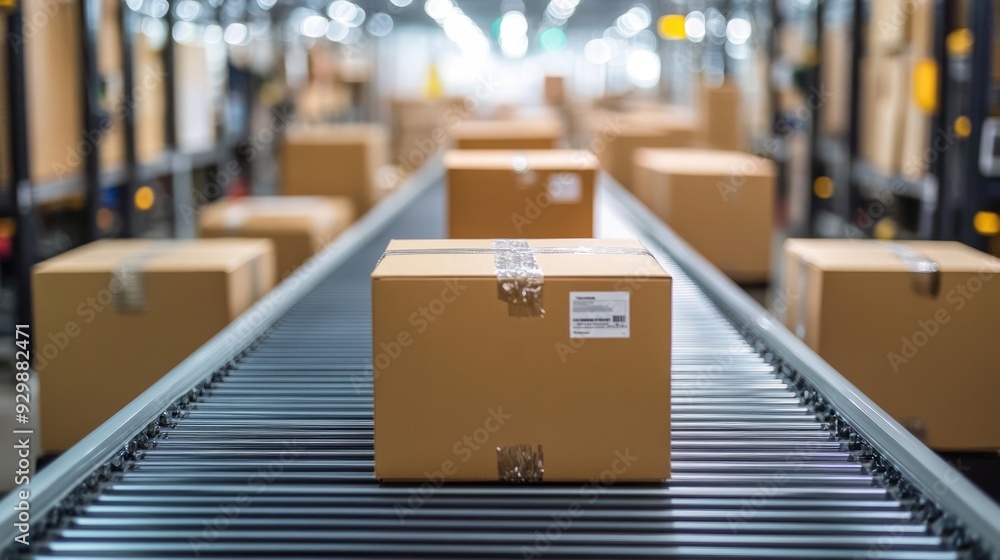 Conveyor Belt with Cardboard Boxes in a Warehouse Conveyor Belt with Cardboard Boxes in a Warehouse