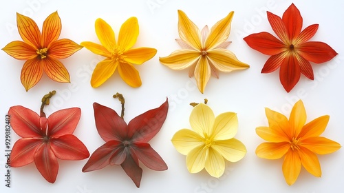 A row of flowers with different colors, including yellow and orange. The flowers are arranged in a line, with some overlapping each other. Concept of variety and diversity