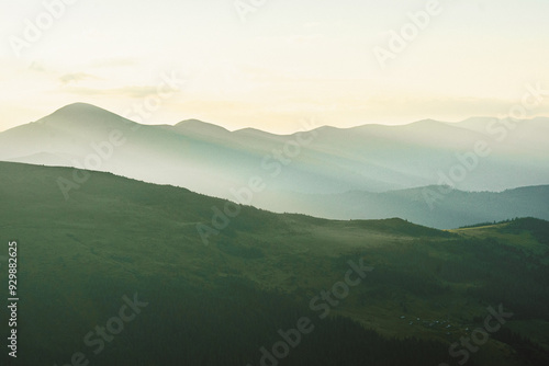 landscape in the mountains silhouettes of mountains, forest, travel, in green tones, wallpaper, poster, cover