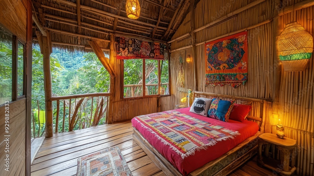 Fototapeta premium Rustic bedroom with bamboo walls and a view of the jungle.