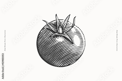 A detailed black and white hand-drawn illustration of a tomato in engraving style. Perfect for culinary art, recipes, food packaging, and botanical designs.