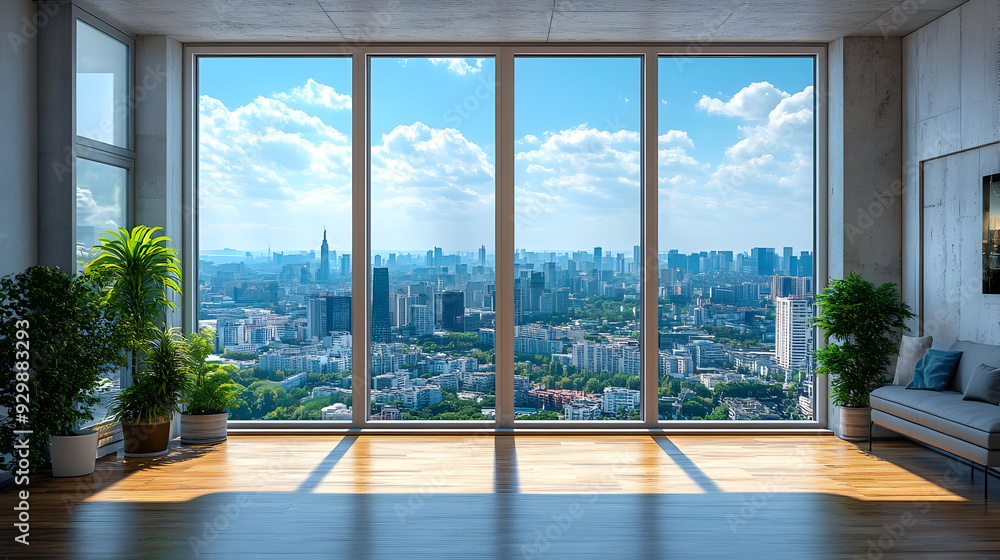 Obraz premium Modern interior with a panoramic city view through large windows.