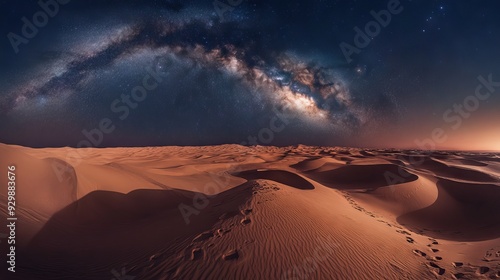 Astrophotography photography, A vast desert under a starry night sky, the Milky Way brightly visible above undisturbed sand dunes, emphasizing the solitude and scale of the desert, 