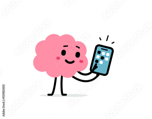 Vector cartoon education illustration of cute happy brain character using smart phone on white color background. Flat doodle style design of smile brain hold phone in hand