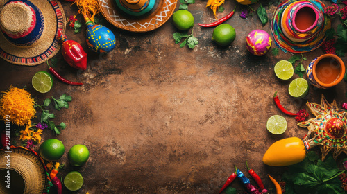 Floor composition featuring Mexican elements: vibrant papel picado, colorful maracas, traditional  photo