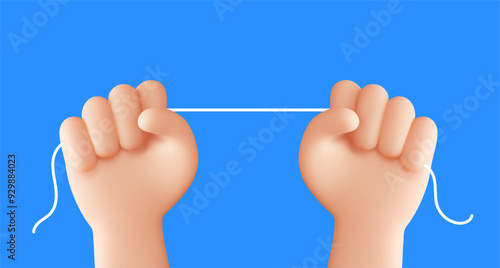 Vector illustration of gesture male hand up clenched into fist hold rope on blue color background. 3d style design of man white skin gesture hand fist pull thread