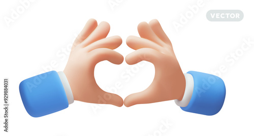 Vector care illustration of gesture hand love heart symbol on white color background. 3d style design of man white skin hand make heart shape