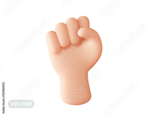 Vector illustration of gesture male white skin hand up clenched into fist on white color background. 3d style design of man hand fist gesture
