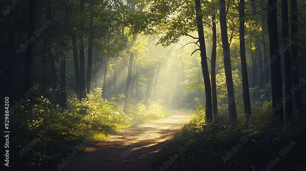 Obraz premium Sunbeams Through the Forest