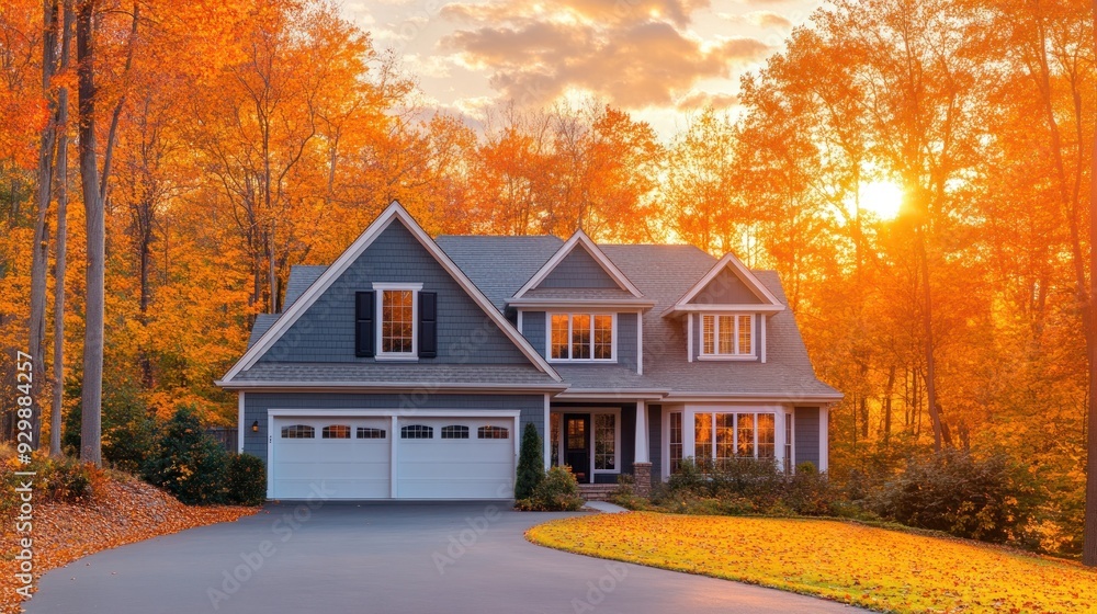 A two-story house with a white garage door sits on a paved driveway surrounded by fall foliage and a golden sunset. A two-story house with a white garage door sits on a paved driveway surrounded by fall foliage and a golden sunset.