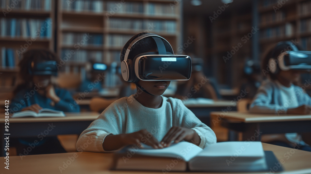 Futuristic classroom scene with Black children using VR helmets, learning through virtual reality, high detail, high resolution Futuristic classroom scene with Black children using VR helmets, learning through virtual reality, high detail, high resolution