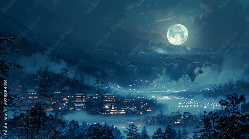 A Snowy Village Under a Full Moon in a Misty Forest A Snowy Village Under a Full Moon in a Misty Forest