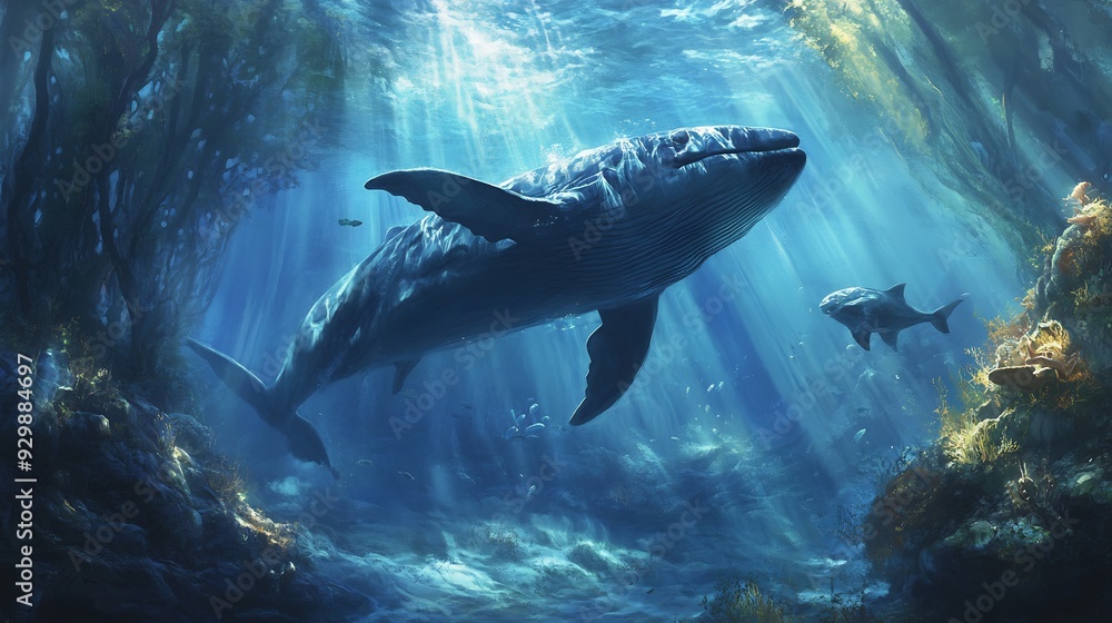 Fototapeta premium Humpback Whale Swimming Through Underwater Grotto