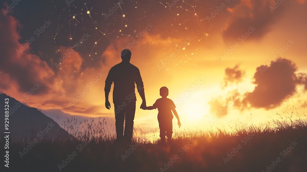 Father and Son Silhouettes at Sunset Father and Son Silhouettes at Sunset