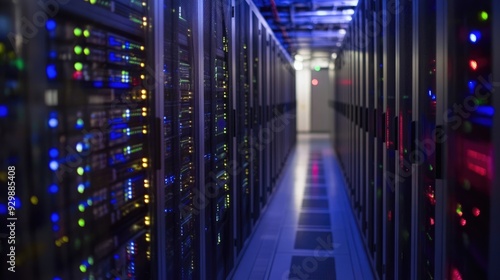 Server Room Interior with Rows of Network Cabinets