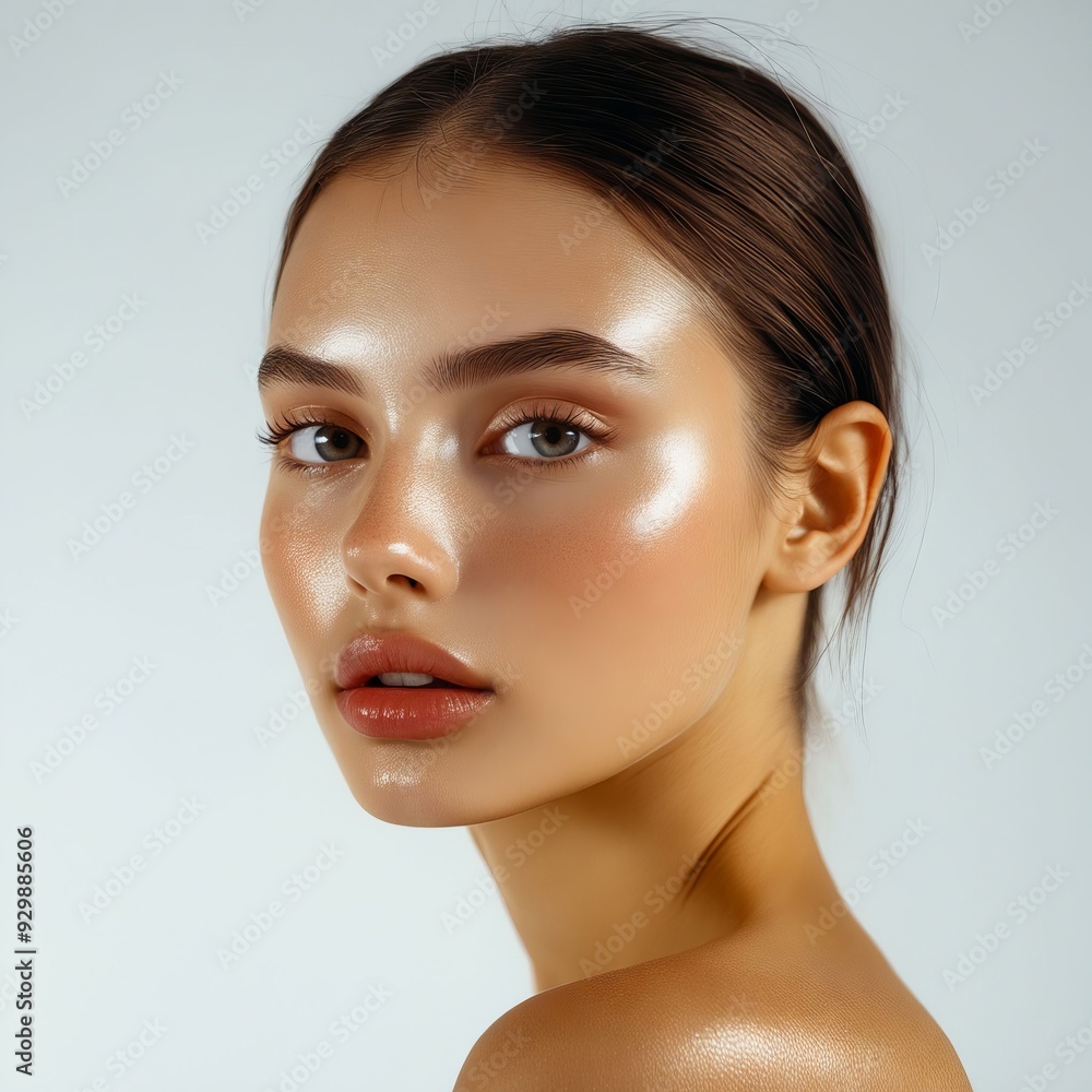 A woman with a golden face and brown eyes A woman with a golden face and brown eyes