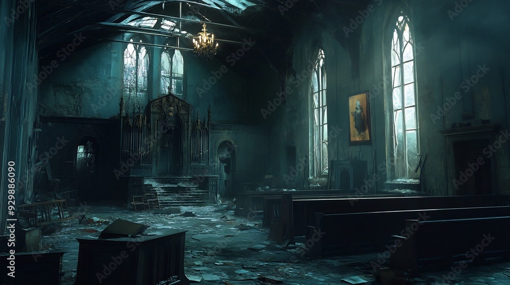 Abandoned Church Interior with Sunbeams Abandoned Church Interior with Sunbeams