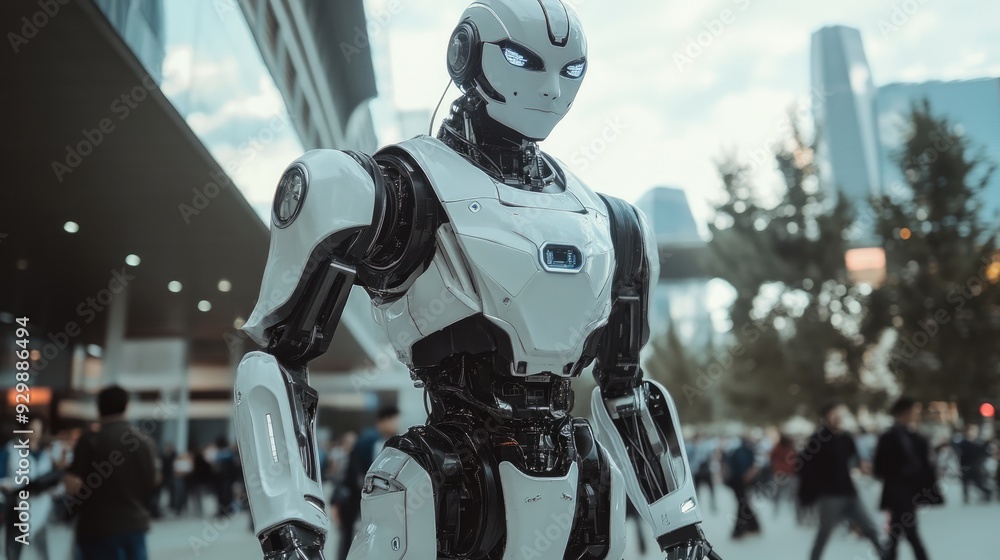 White Robotic Figure in a City Setting White Robotic Figure in a City Setting