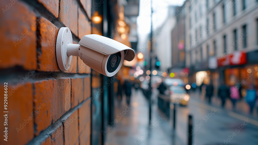A security camera mounted on a brick wall, capturing the hustle and bustle of a lively city street with blurred pedestrians and vehicles. A security camera mounted on a brick wall, capturing the hustle and bustle of a lively city street with blurred pedestrians and vehicles.