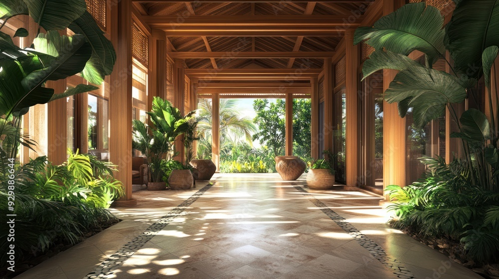 A bright, tropical courtyard with large windows overlooking lush greenery. A bright, tropical courtyard with large windows overlooking lush greenery.