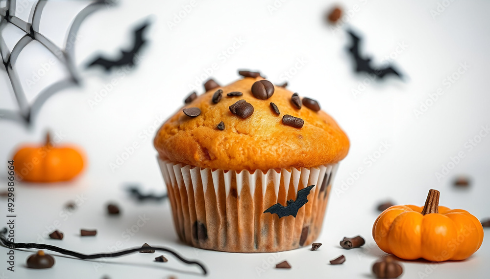 A freshly baked pumpkin muffin with chocolate chips on a gray background, surrounded by small black bat decorations A freshly baked pumpkin muffin with chocolate chips on a gray background, surrounded by small black bat decorations