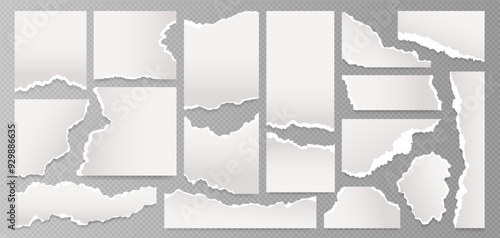 Realistic ripped or torn white paper sheet with grunge edge, sticky note, notebook page strip and scrap message collection for social media banner or poster. Torn paper or business newspaper clip art.