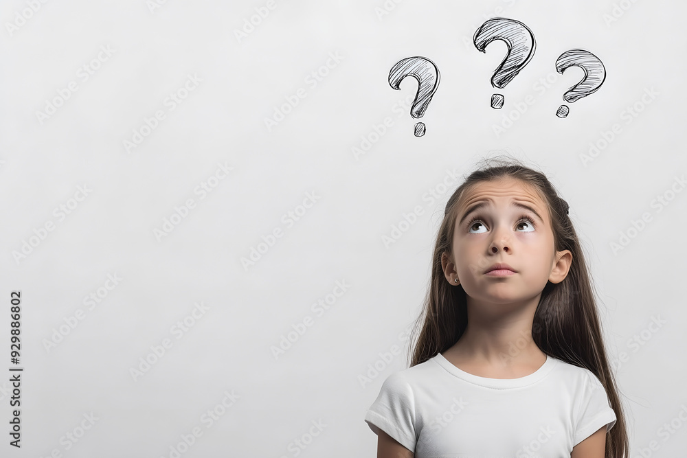 A young girl stands with question marks floating above her head, lost in thought A young girl stands with question marks floating above her head, lost in thought