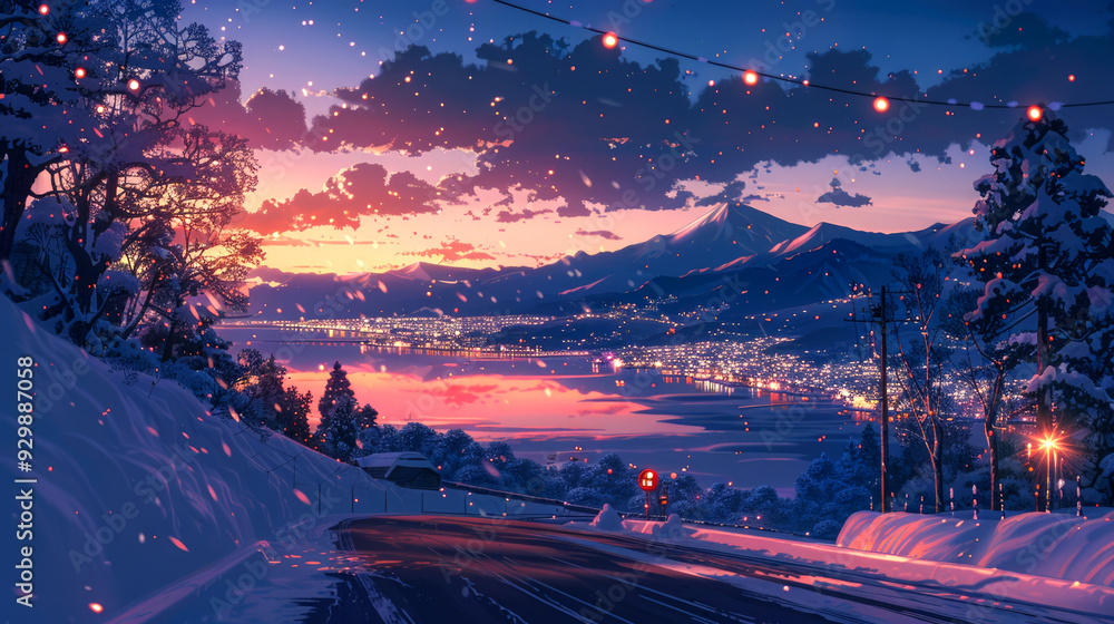 Fototapeta premium Snowy Mountain Road with Lights and City in the Distance