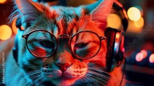 Cat DJ:  A cool cat with headphones and glasses in neon light.  This humorous photo captures the unexpected charm of a feline music lover.  The image is perfect for social media, branding, or any proj photo