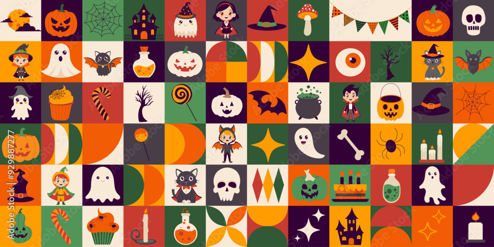 A colorful image of Halloween characters and objects, including pumpkins, witches, ghosts, and skeletons. Geometric pattern A colorful image of Halloween characters and objects, including pumpkins, witches, ghosts, and skeletons. Geometric pattern