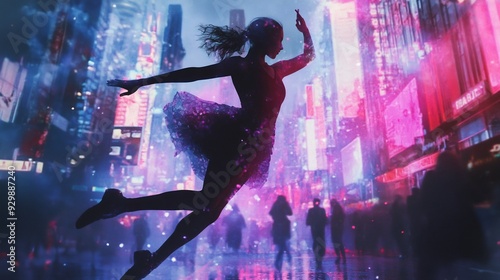 A Silhouette of a Dancer in a Neon City