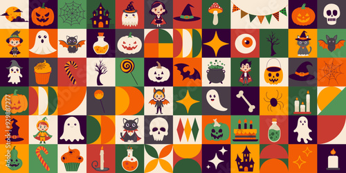 A colorful image of Halloween characters and objects, including pumpkins, witches, ghosts, and skeletons. Geometric pattern