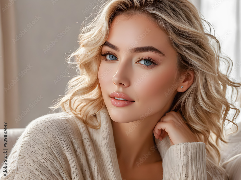 Naklejka premium Beautiful glamour portrait, autumn cozy home interior. Gorgeous girl relaxing in living room sofa in sensual sweater. Cute woman smile, sexy posture. Cozy warm tranquil peaceful mood. AI generated